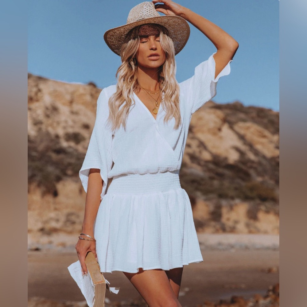 NWT Vici Always A Good Time White Cotton Smocked Drape Dress |Size Large